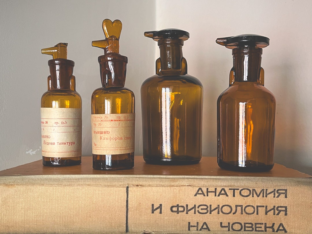 Vintage Glass Medicine Bottles With Glass Stoppers Amber Apothecary Jar