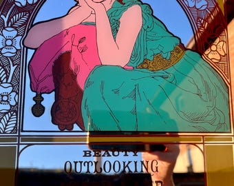 希少なヴィンテージアールヌーボー様式の鏡（女性の肖像画付き