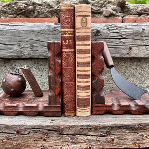 Medieval Wood & Metal Bookends – Rustic  Set with Machete and Flail – Fantasy or Gothic Decor