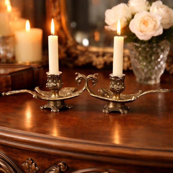 Para włoskich mosiężnych świeczników w kształcie pawia, rokoko, ozdobne świeczniki, wystrój w stylu vintage Hollywood Regency