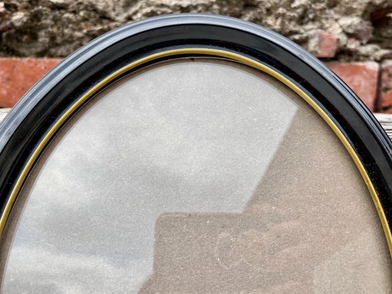 Large Vintage Oval Bakelite Frame with Glass and Brass Ring – Black Photo Frame