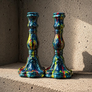 Set of 2 Drip Glaze Studio Pottery Candle Holders – 1970s Vibrant Ceramic