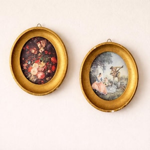 Vintage Italian Oval Gilt Frames: Floral & Pastoral Scenes, Baroque Style Duo