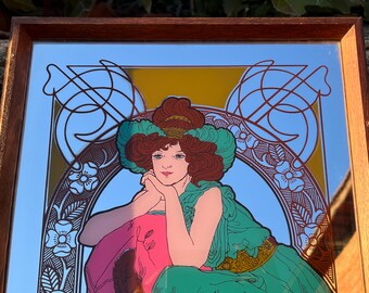 希少なヴィンテージアールヌーボー様式の鏡（女性の肖像画付き