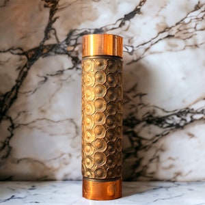Very rare cylindrical vase in patinated copper by designer Carl Auböck Austria 1950s. Brutalist Design Vase