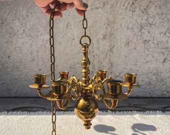 Vintage Large Brass Candelabra with Chain and Hook: Exquisite 6-Armed Candlestick Holder from the Mid Century Era