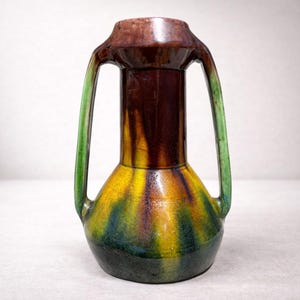 Vintage Flamand Pottery Vase with Multicolor Drip Glaze and Dual Handles