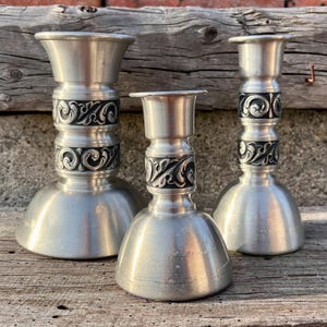 1960s Vintage Norwegian Pewter Candlestick Holder – Baroque Rosemaling Pattern – Scandinavian MCM