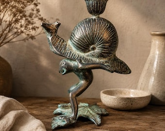 Vintage Solid Bronze Candle Holder, Surreal Snail & Human Figure Sculptural Art Object 1970s
