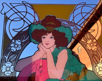 希少なヴィンテージアールヌーボー様式の鏡（女性の肖像画付き