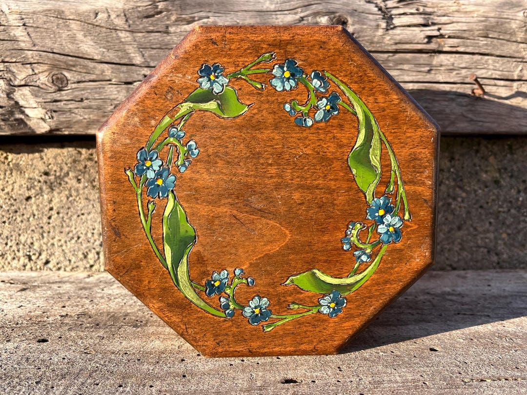 Vintage Wooden Octagonal Box With Hand-painted Forget-me-not Flower ...