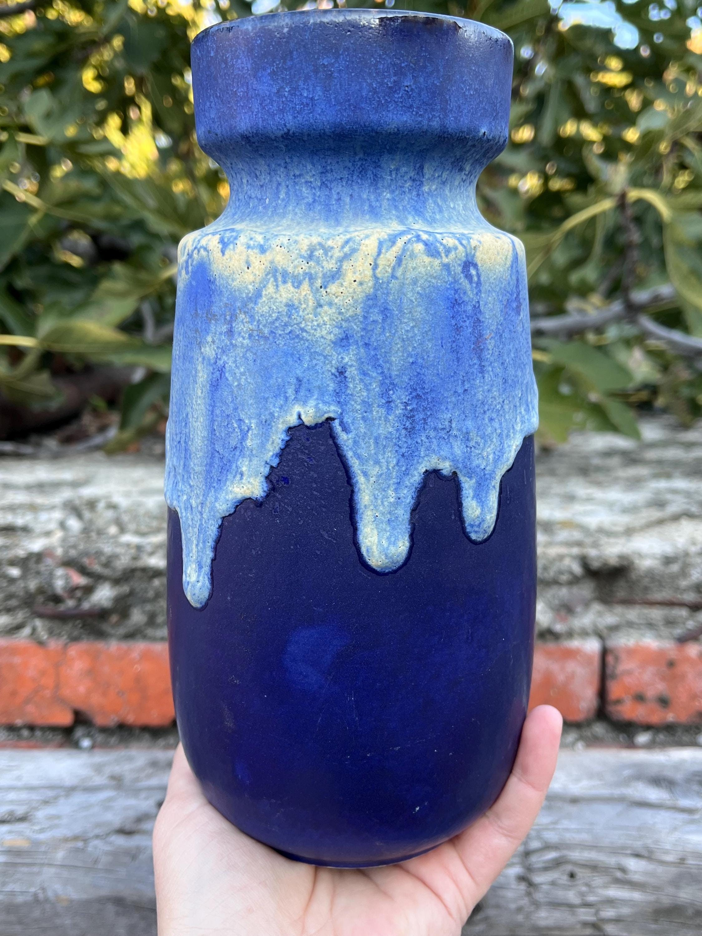 Vintage West German Pottery Blue Drip Glaze Vase 242-22
