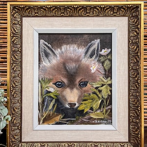 Oil Painting of a Cute Fox Surrounded by Flowers: Captivating Wildlife Artwork in Soft Hues and Delicate Brushstrokes