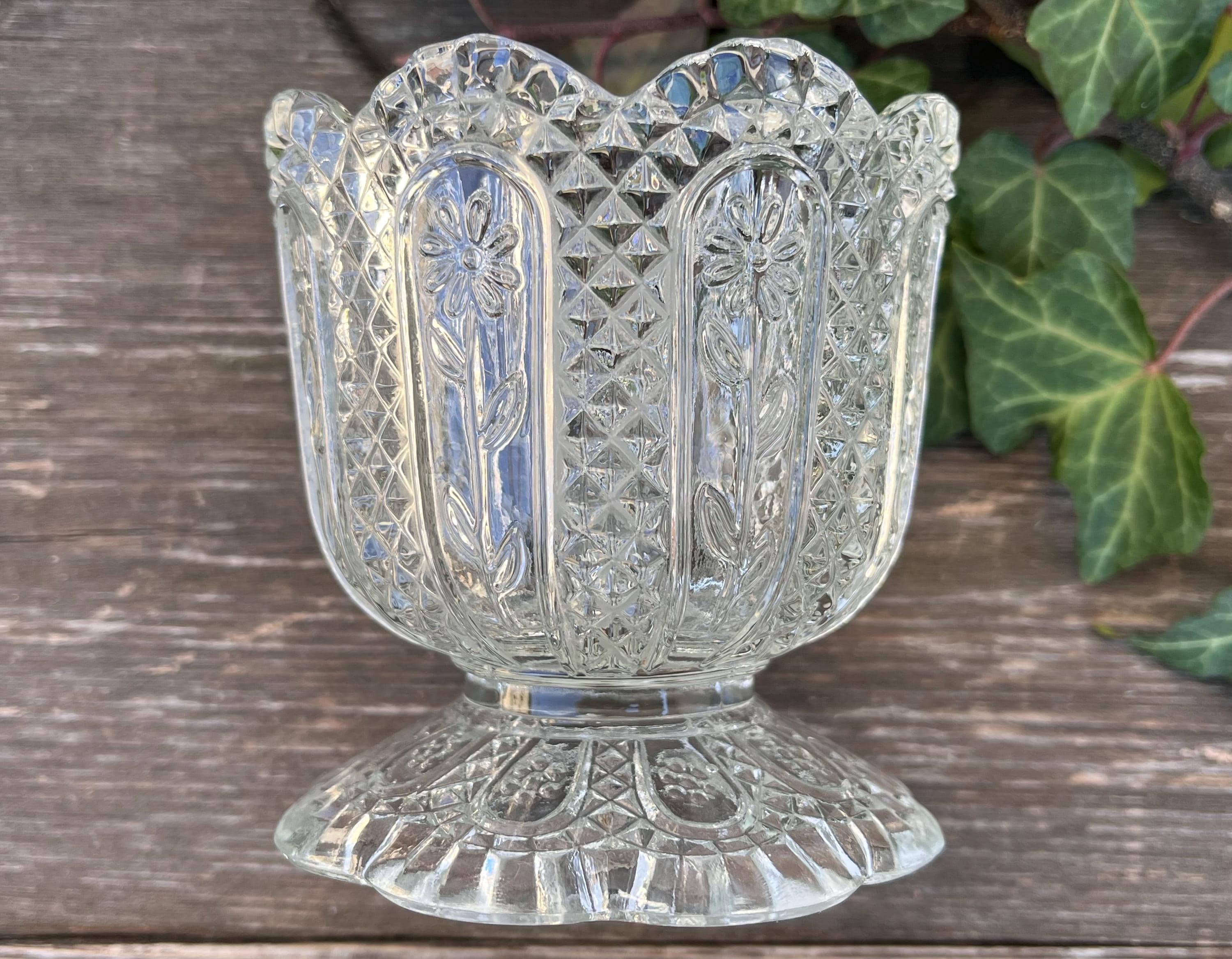 Vintage Avon Crystal Glass Candle Holder – Flower Cut Design, Scalloped Rim, 1970s Home Decor
