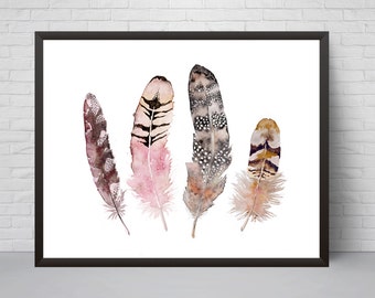 Feathers Wall Art, Watercolor feathers print, Coastal wall decor, Feathers poster, Light Pink Brown print, Minimalist Boho Room Decor