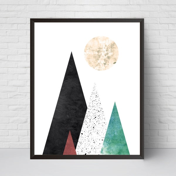 Geometric Mountain Wall Art Print, Printable Moon Art, Mid Century, Modern Triangles Wall Decor, Abstract  Scandinavian  Watercolor