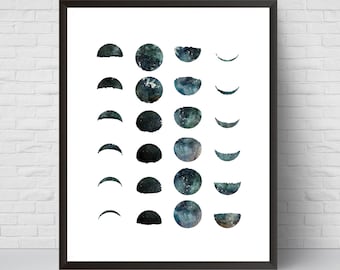 Moon Phases Print, Galaxy Moon Wall Art, Printable Moon Space poster, Scandinavian decor, Modern Minimalist room decor, Large 16x20 Print,