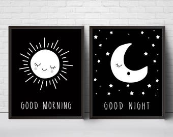 Moon Sun Nursery Wall Art Print, Black and White, good morning, Good night, Modern Kids Children Room Decor, Printable Minimalist Poster