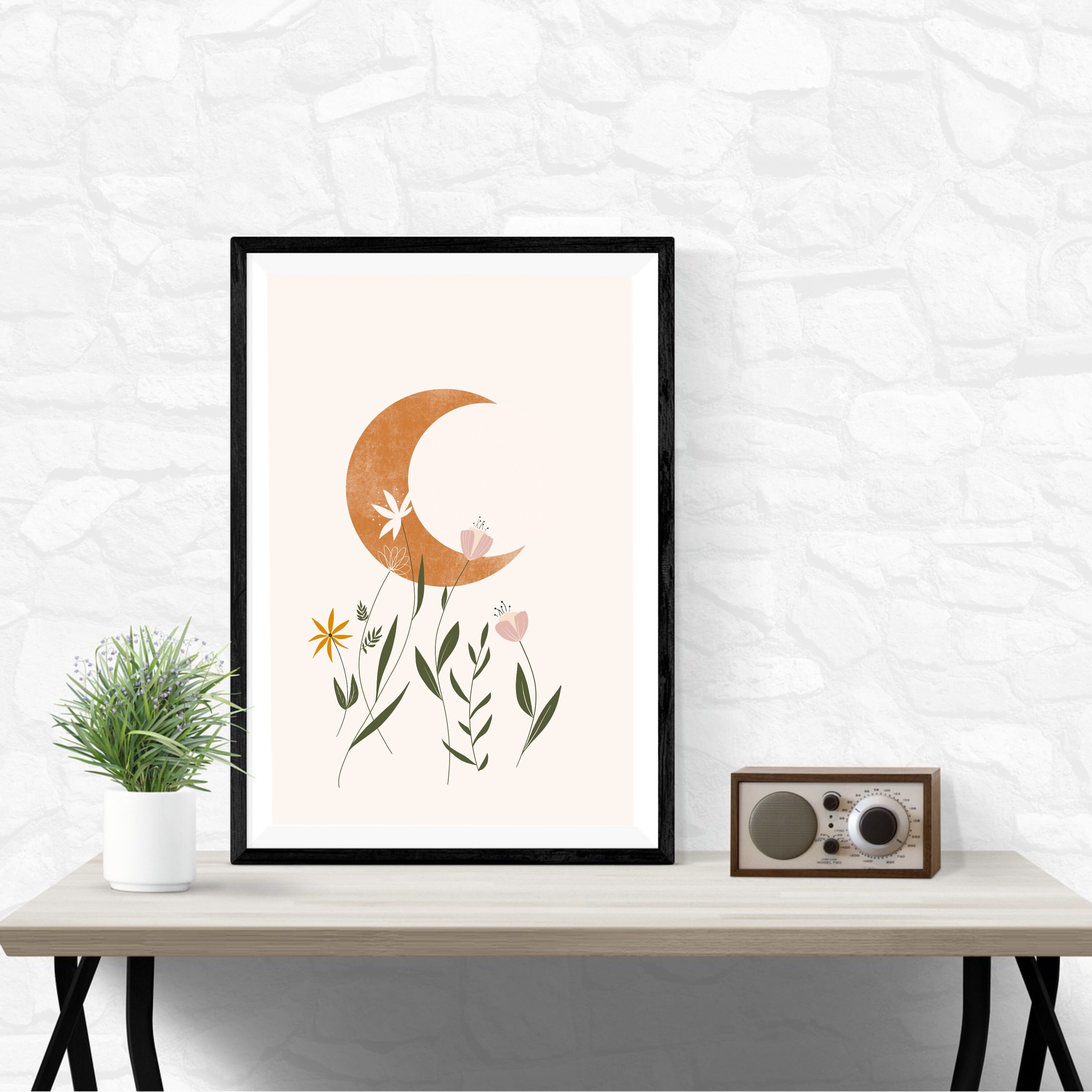 Boho Moon Wall Print Boho Minimal Wall Art Moon Flowers Etsy