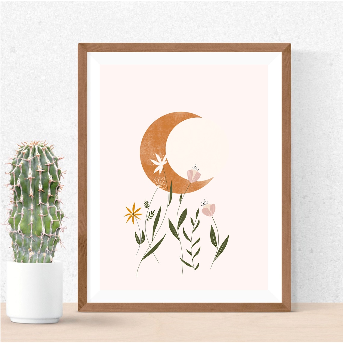 Boho Moon Wall Print Boho Minimal Wall Art Moon Flowers Etsy