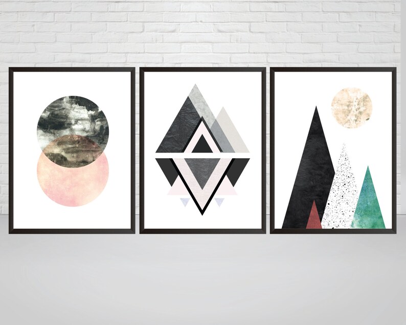 Set of 3 Geometric Prints Mountain Wall Art Printable Art Etsy