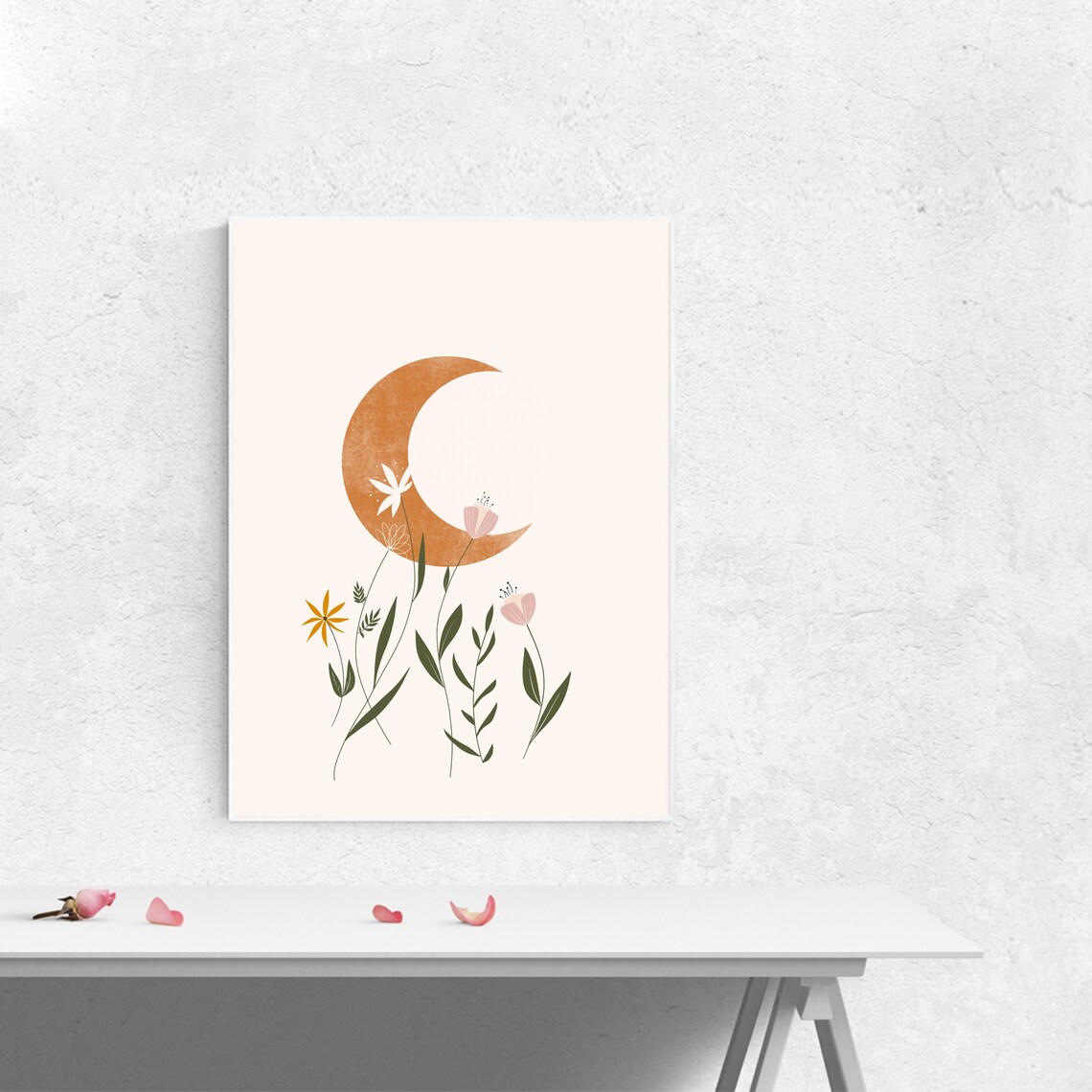 Boho Moon Wall Print Boho Minimal Wall Art Moon Flowers Etsy