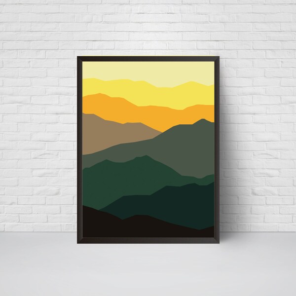 Abstract Wall Art,  Mid Century Mountain Print, Geometrical Modern Art Home Decor Wall Art, Minimalist Poster, Room Decor, Green Yellow