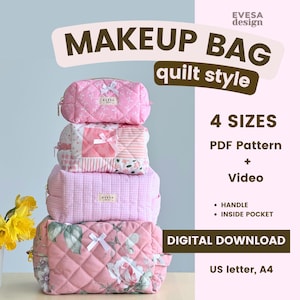May include: A stack of four pink quilted makeup bags in various sizes. The bags feature different patterns, including floral, patchwork, and diamond quilting. Text on the image reads "MAKEUP BAG quilt style" and "4 SIZES".