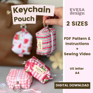 May include: Several small keychain pouches in various patterns, including strawberries and stripes, are displayed. The pouches have a zipper closure and a metal ring for attaching keys. The image also includes text that reads "Keychain Pouch", "2 Sizes", and "Digital Download".