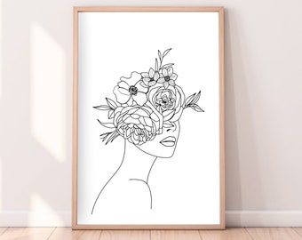 Abstract woman print Botanical line art Women art printable wall art Head of flowers Women flower art Boho decor Minimalist print