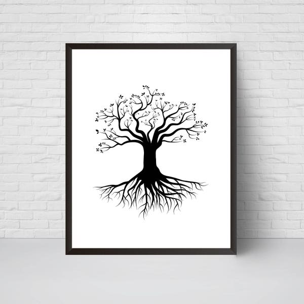 Arbre avec racines Wall Art Print, Art de pépinière, Décoration, Téléchargement numérique imprimable, Black White Modern Printable affiche d’art imprimé, Grand tirage