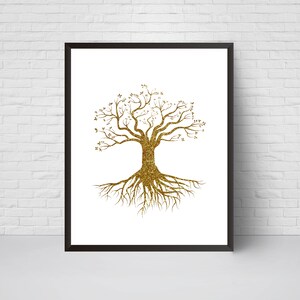 Gold Tree with Roots Wall Art Print, Glitter  Nursery art, House Decor, Printable Digital download, Modern Printable art poster, Large print