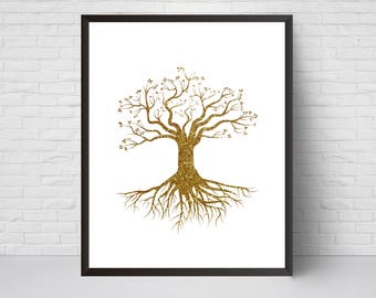Gold Tree with Roots Wall Art Print, Glitter  Nursery art, House Decor, Printable Digital download, Modern Printable art poster, Large print