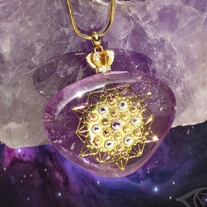 96ct. Amethyst + Swarovski Crystals 64 Tetrahedron Amulet Sacred Geometry Gold Plated Talisman Pendant [&#39;Eye Am Aligning the Stars&#39;]