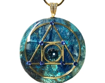 77ct. Azurite + Swarovski  Philosopher's Stone Alchemy Amulet Pure Crystal Sacred Geometry Pendant Talisman 'Eye Am AlcheMystic' 1 OF 1