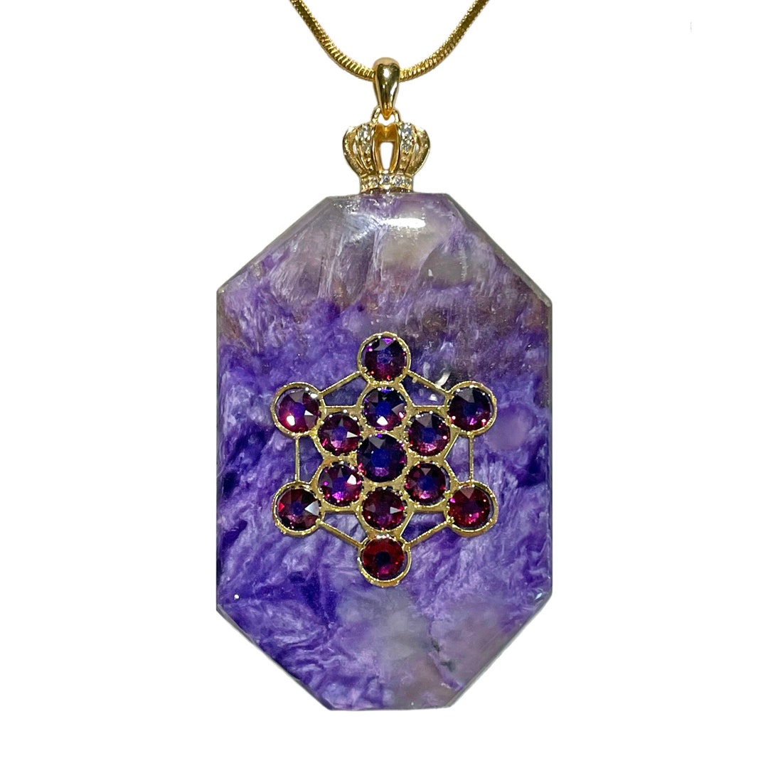 Charoite Metatron's Cube Amulet 2toned Swarovski Crystals Gold Plated