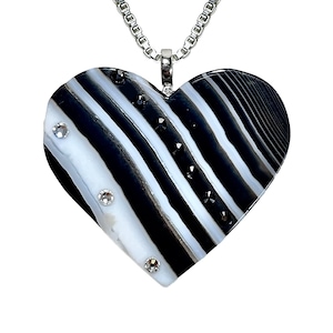 Black Banded Agate Heart with Swarovski Crystals Pendant 925 Sterling Silver
