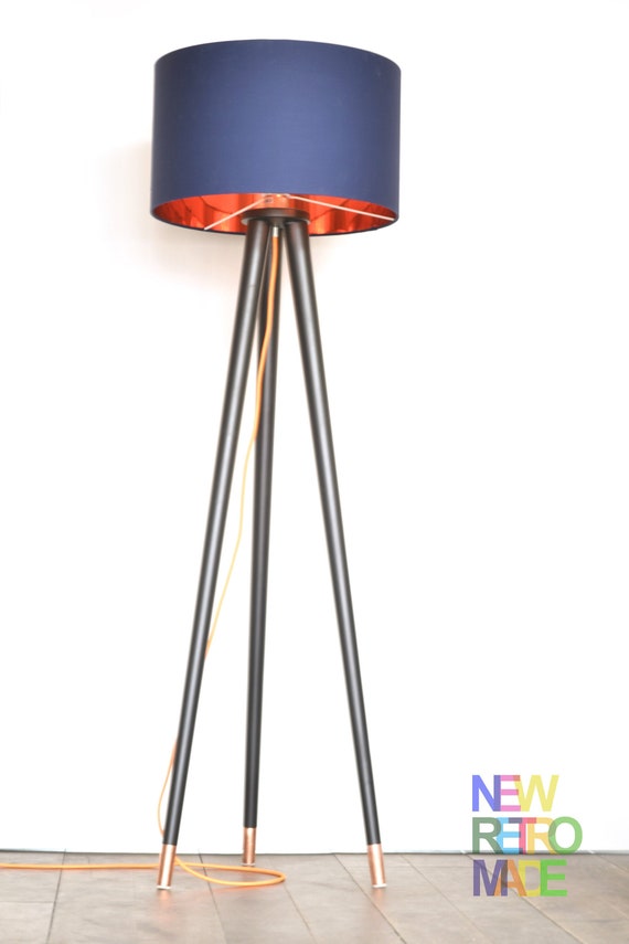 Wooden Tripod Floor Lamp With Long Tapered Legs And Cooper Or Wooden Tripod Floor Lamp With Long, Wooden Tripod Floor Lamp