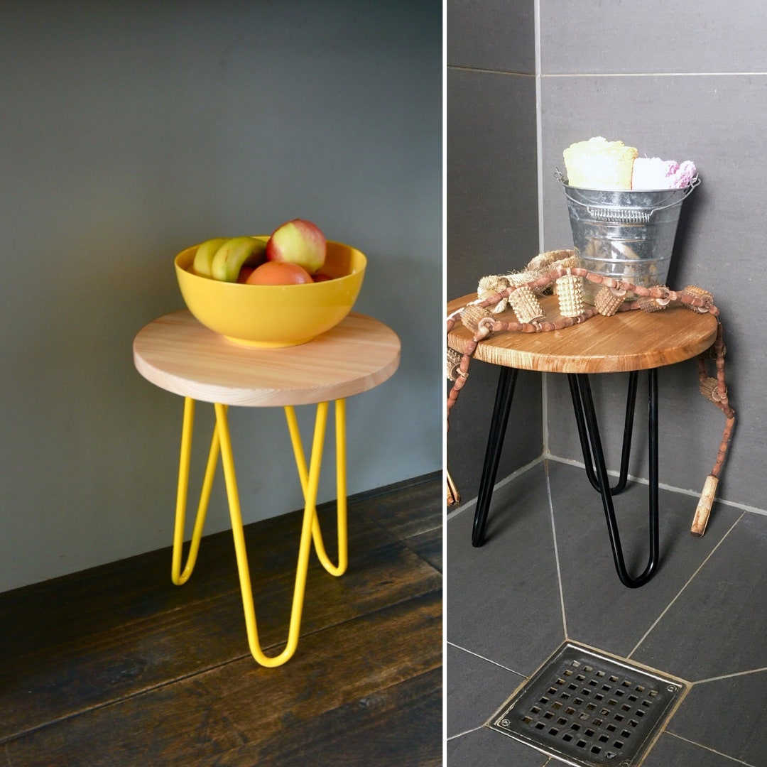 Modern Wooden Rustic Side Table, Round Seat Stool on Hairpin Legs in UK ...