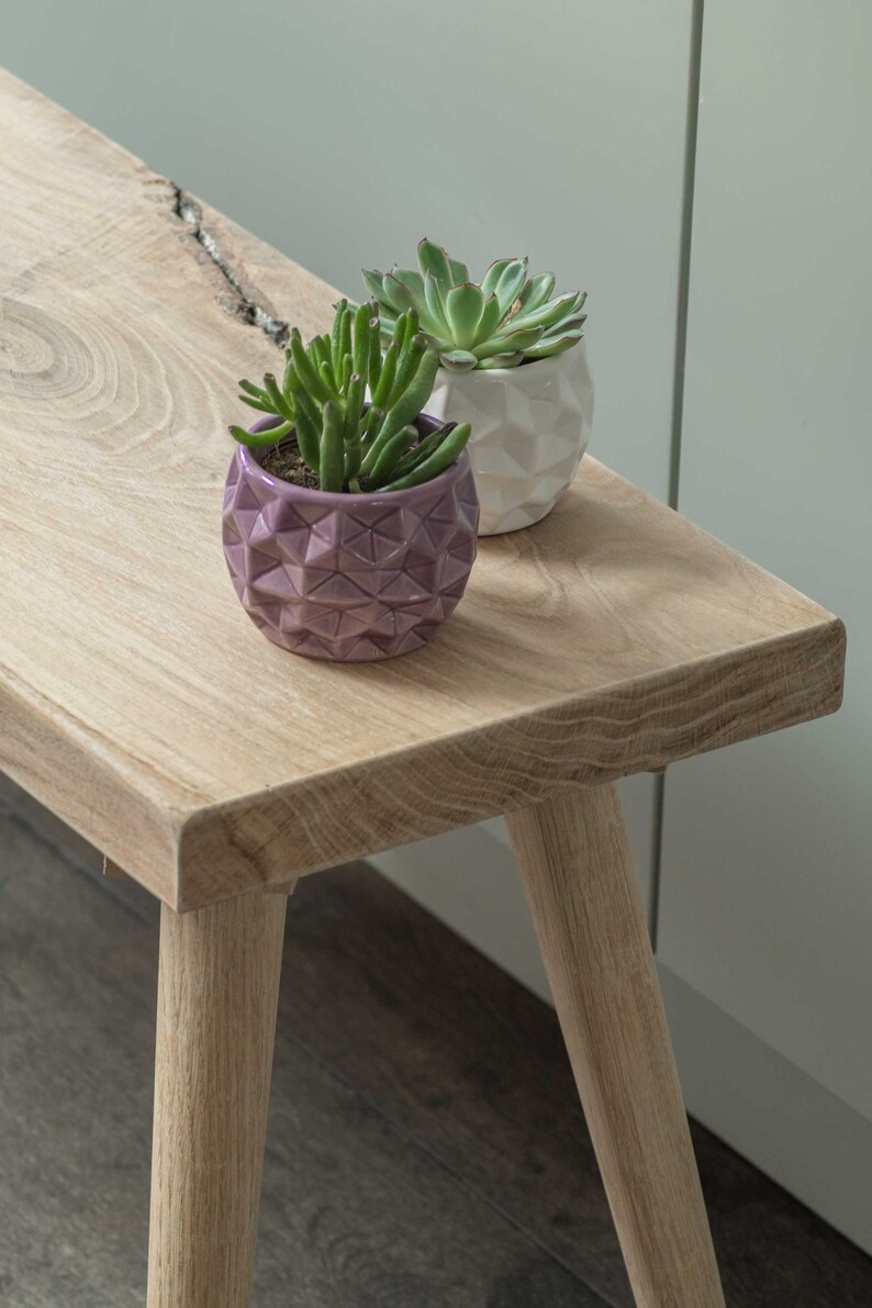 May include: Two potted succulents on a light wood table with a natural wood grain. The succulents are in geometric pots, one purple and one white.