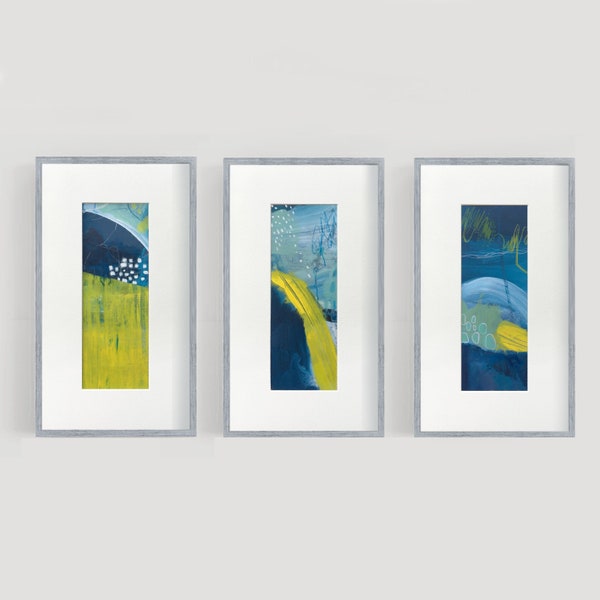 Original abstract painting, Triptych night landscape, contemporary blue yellow home decor small wall art