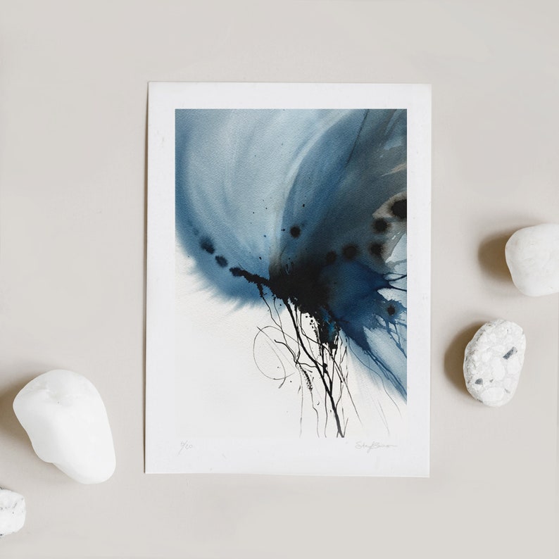 Abstract Watercolour Blue black ink Fine Art Print A3 A4 size