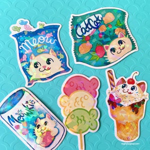 Cat Snacks Holographic Stickers | Waterproof Vinyl Pack of 5 || Kawaii Cute