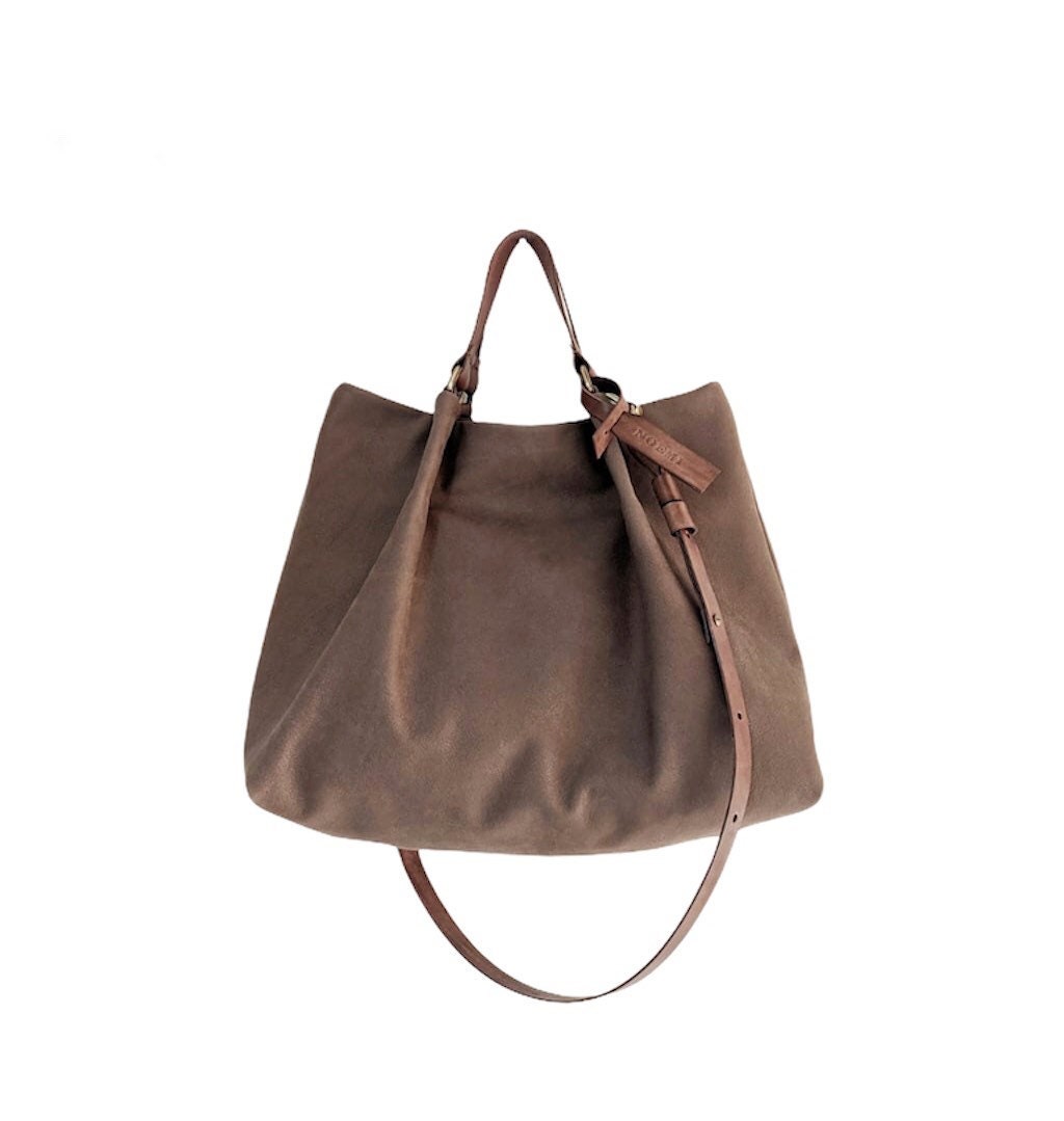 TOTE bag and HAND bag made of soft nubuck leather, italian leather, brown color. Emma bag