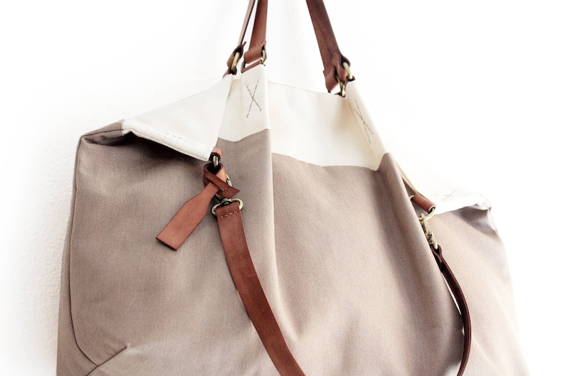 made of WATERPROOF fabric light brown Weekend bag Personalized bag with name. canvas and leather shoulder bag