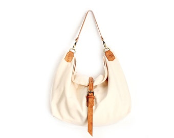 MARY, SHOULDER BAG made of canvas and leather, waterproof, color beige