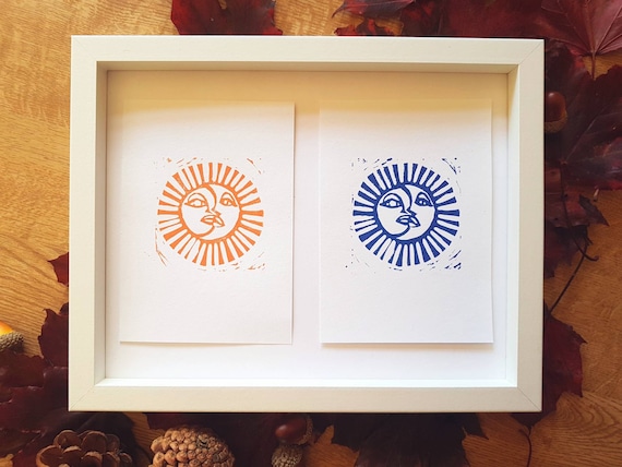 Sun and Moon handcarved lino prints