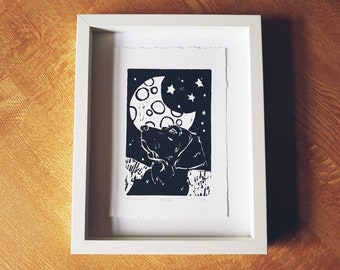 Moon Dog Lino Print - Hand Printed