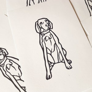 May include: A collection of white cards featuring a black line drawing of a dog in a seated position. The dog has a collar and is depicted with simple, bold lines. The cards are arranged in a slightly overlapping pattern.