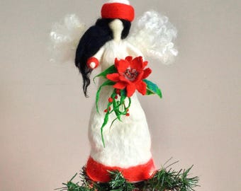 Needle Felted Christmas Angel Tree Topper  Merino & Alpaca Wool, 11”